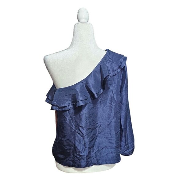 NWT J.Crew navy blue one shoulder silk top with ruffles balloon sleeve size 12P - Picture 5 of 8
